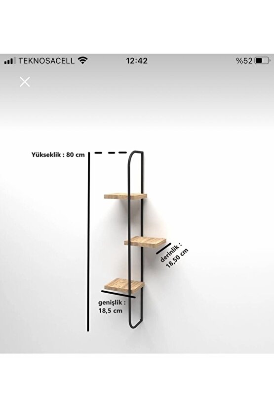 3 Katlı Metal Ahşap Duvar Dekor Rafı