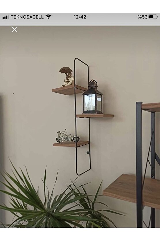 3 Katlı Metal Ahşap Duvar Dekor Rafı