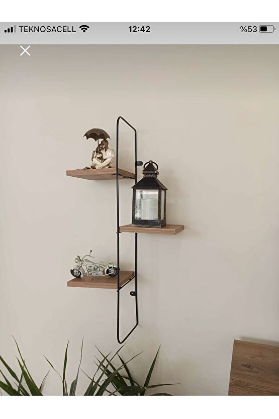 3 Katlı Metal Ahşap Duvar Dekor Rafı