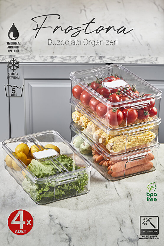 4x Adet Şeffaf Frostora 5 LT Saplı Buzdolabı Organizeri & Saklama Kabı & Düzenleyici