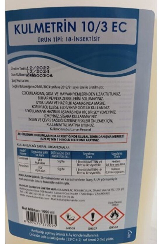 Kulmetrin 103 ec genel amaçlı haşere ilacı 1 litre (Kokulu)