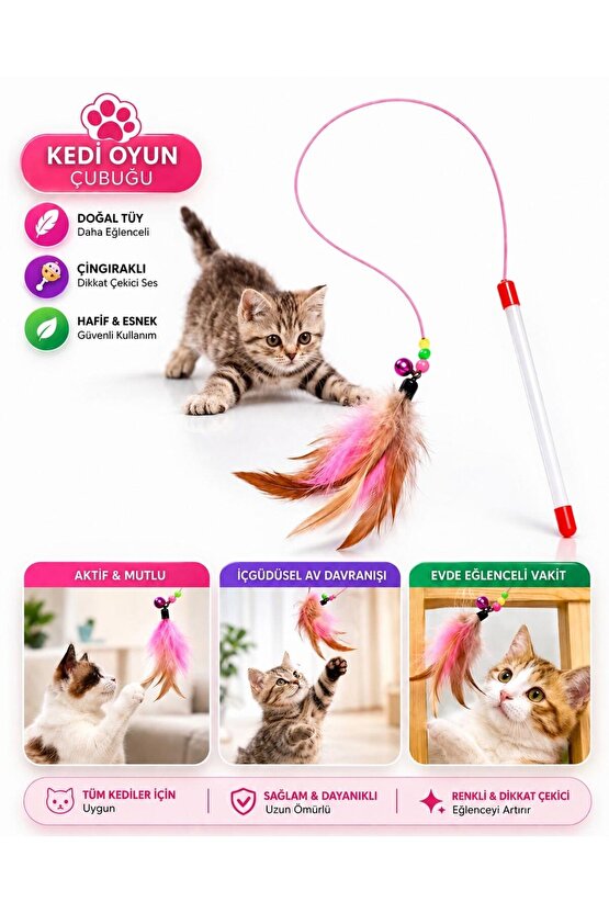 Kedi Oyuncak Çubuğu Tüylü Çıngıraklı İnteraktif Kedi Oltası Oyuncağı