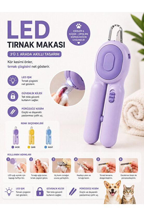 LED Işıklı Pet Tırnak Makası Kedi Köpek İçin Güvenli Kilitli Paslanmaz Çelik Uçlu Tırnak Kesme Makası