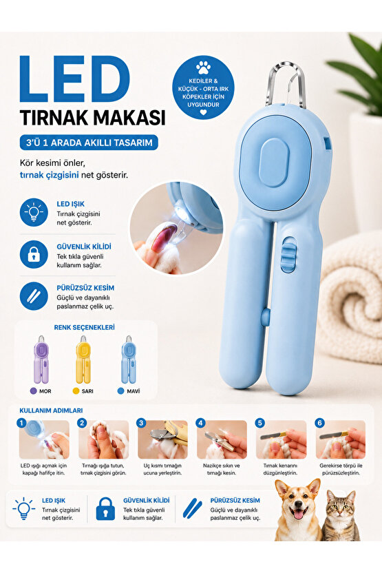LED Işıklı Pet Tırnak Makası Kedi Köpek İçin Güvenli Kilitli Paslanmaz Çelik Uçlu Tırnak Kesme Makası