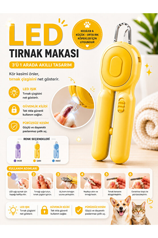 LED Işıklı Pet Tırnak Makası Kedi Köpek İçin Güvenli Kilitli Paslanmaz Çelik Uçlu Tırnak Kesme Makası