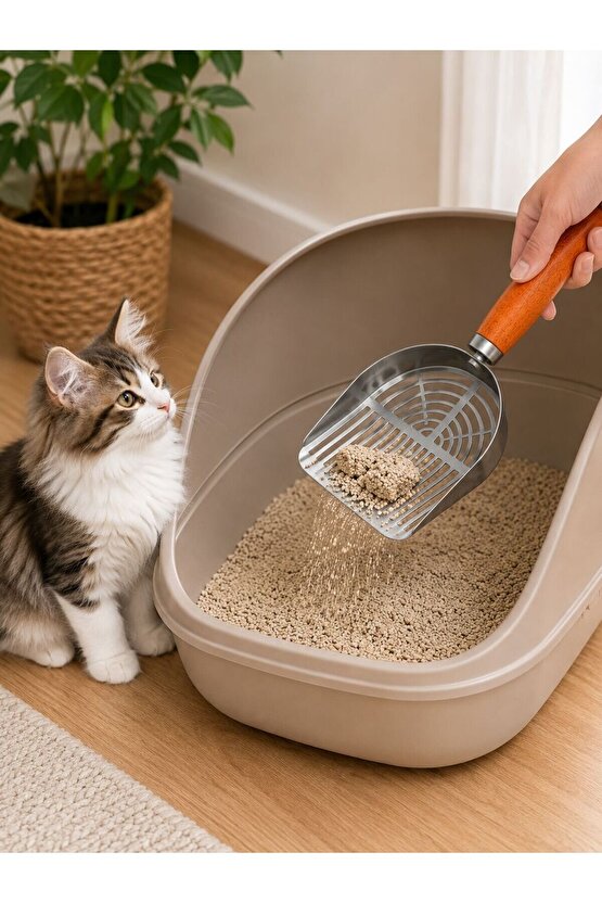 Paslanmaz Çelik Kedi Kum Küreği Ahşap Saplı Profesyonel Kum Eleme Dayanıklı Metal Kedi Tuvalet