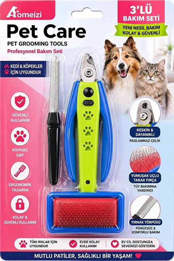 3’lü Kedi Köpek Bakım Seti Tırnak Makası + Törpü + Tarak Fırça Profesyonel Set Kaymaz Sap