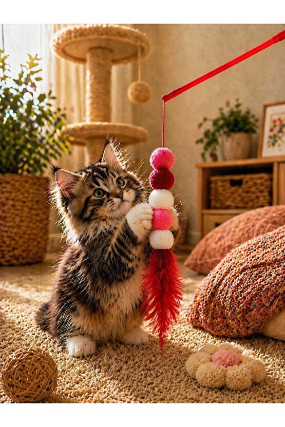 Kedi Oltası Oyuncağı Tüylü Ponponlu Renkli Kedi Oyuncağı Solucan Model Olta Kedi Eğlence Oyuncak