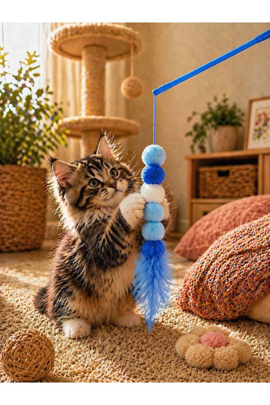 Kedi Oltası Oyuncağı Tüylü Ponponlu Renkli Kedi Oyuncağı Solucan Model Olta Kedi Eğlence Oyuncak