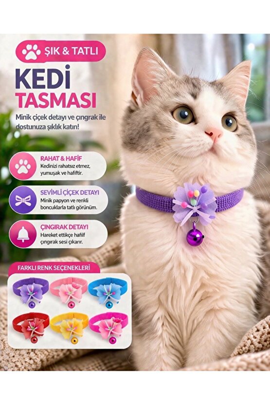 Çıngıraklı Kedi Tasması Ayarlanabilir Yumuşak Boyun Tasması Çiçekli Şık Kedi Boyun Tasması