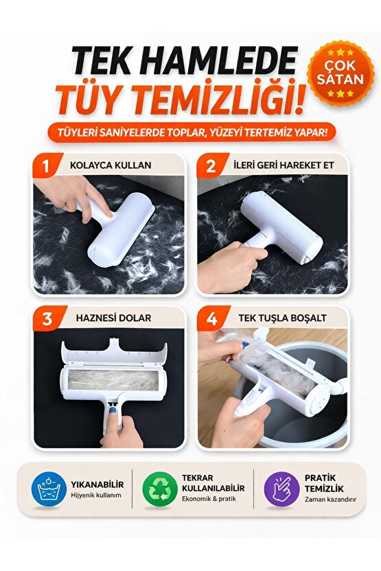 Kedi Köpek Tüy Toplama Rulosu Tek Tuşla Temizleme Koltuk Halı Tüy Temizleyici Yeniden Kullanılabilir