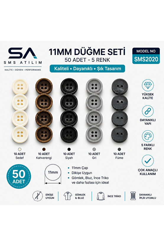 11mm 5 Renk 4 Delikli Düğme Seti 50 Adet | Dayanıklı Şık Dikiş Düğmesi