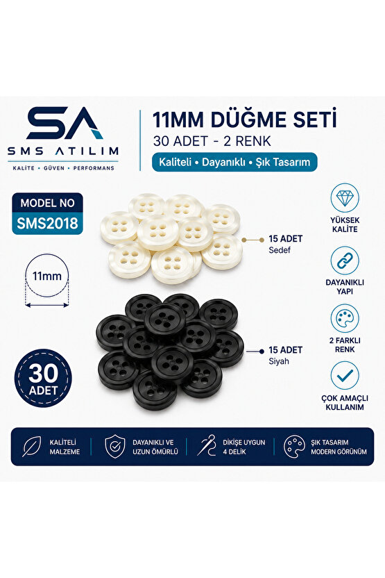 11mm Siyah Düğme Seti | Dayanıklı Şık Dikiş Düğmesi