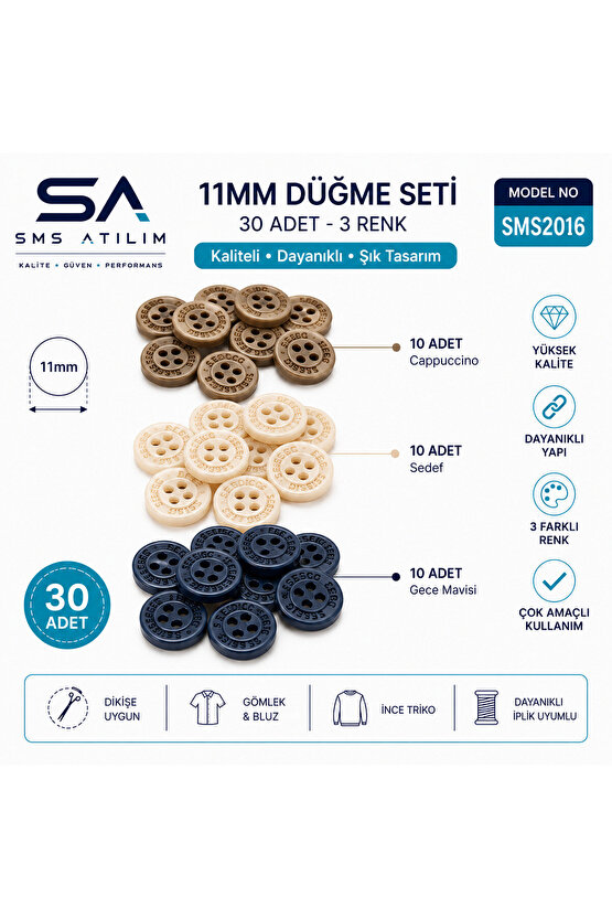 11mm Cappuccino Lacivert Düğme Seti | Dayanıklı Şık Dikiş Düğmesi