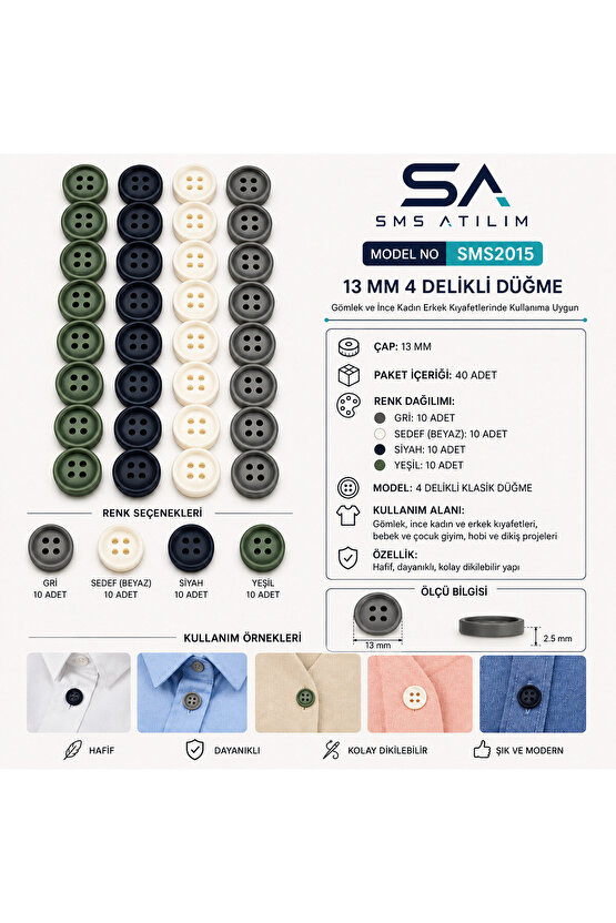 13mm 4 Delikli Renkli Düğme Seti 40 Adet | Dayanıklı Şık Dikiş Düğmesi