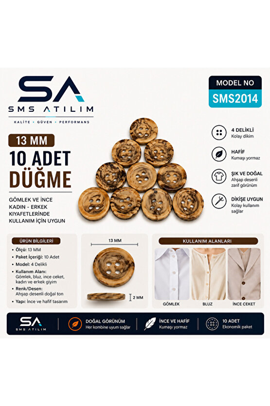13mm Ahşap Desenli Gömlek Düğmesi 10 Adet | Dayanıklı Şık Dikiş Düğmesi