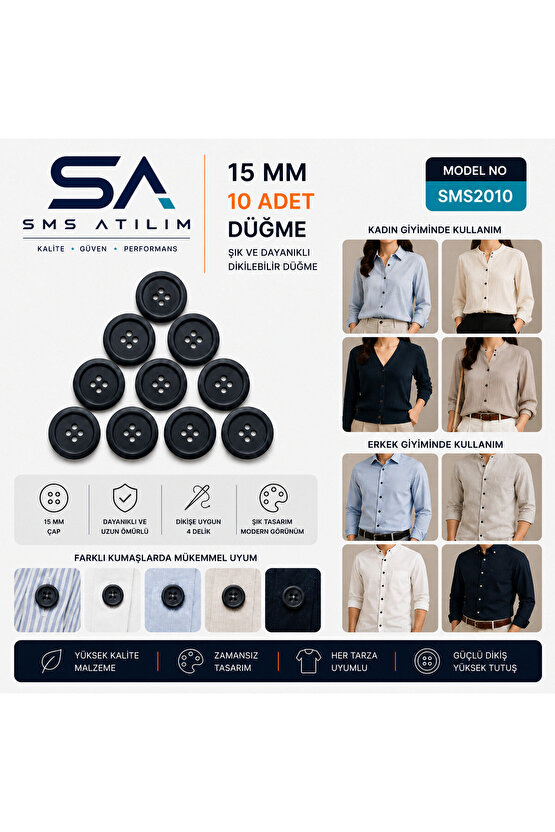 15mm Siyah Düğme 10 Adet | Dayanıklı Şık Dikiş Düğmesi