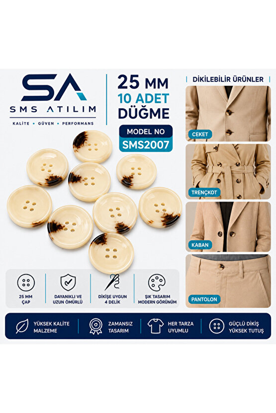 25mm Unisex Krem Düğme Seti 10 Adet | Dayanıklı Şık Dikiş Düğmesi