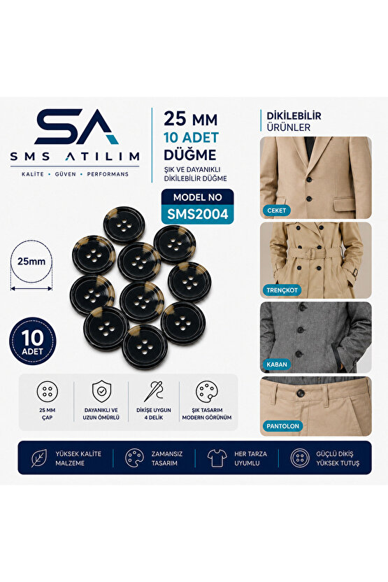 25mm Siyah Bej Desenli Düğme 10 Adet | Dayanıklı Şık Dikiş Düğmesi