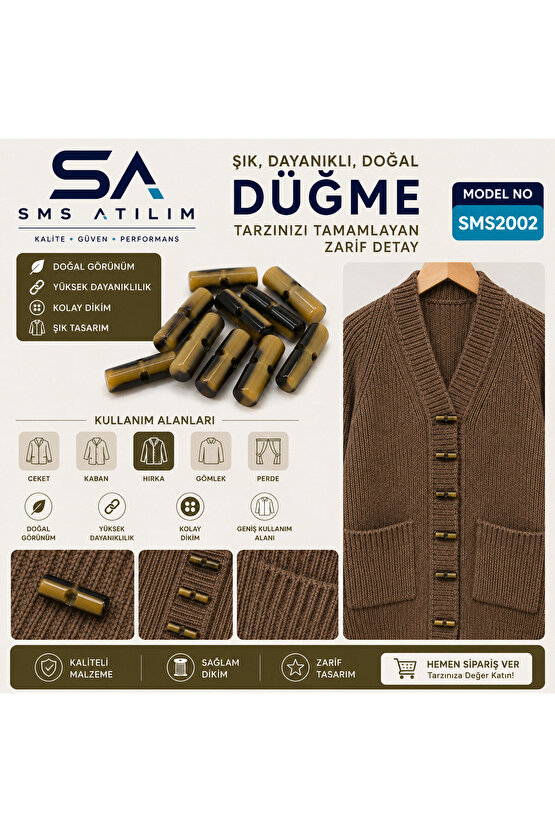 Doğal Görünümlü Silindir Hırka Düğmesi Kahve | Dayanıklı Şık Dikiş Düğmesi