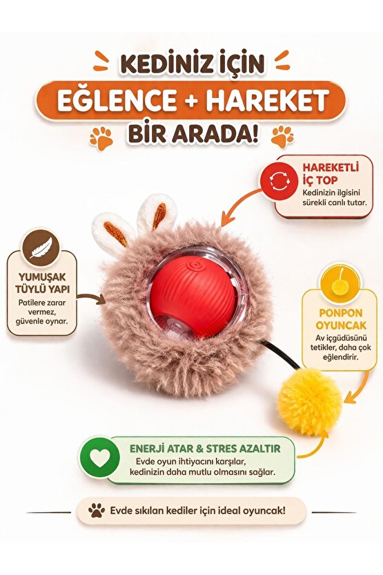 Akıllı Hareketli Kedi Oyuncağı Tüylü Ponponlu Top Eğlenceli Peluş Kulaklı Enerji Atar Stres Azaltır