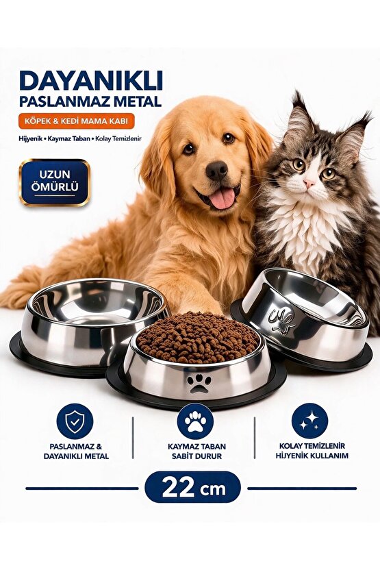 22cm Paslanmaz Metal Mama Kabı Köpek Kedi İçin Kaymaz Taban Dayanıklı Uzun Ömürlü