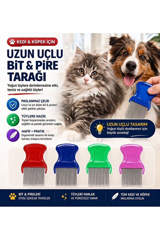 Uzun Uçlu Bit & Pire Tarağı – Yoğun Tüyler İçin Etkili Temizlik Kedi Köpek Tarağı