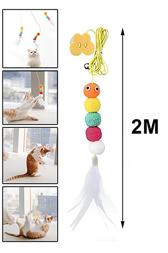 Çıngıraklı Kedi Oyuncağı Yapışkanlı Kedi Oyun Oltası Renkli Ponponlu Hacıyatmaz Oyuncak Zıplayan Top