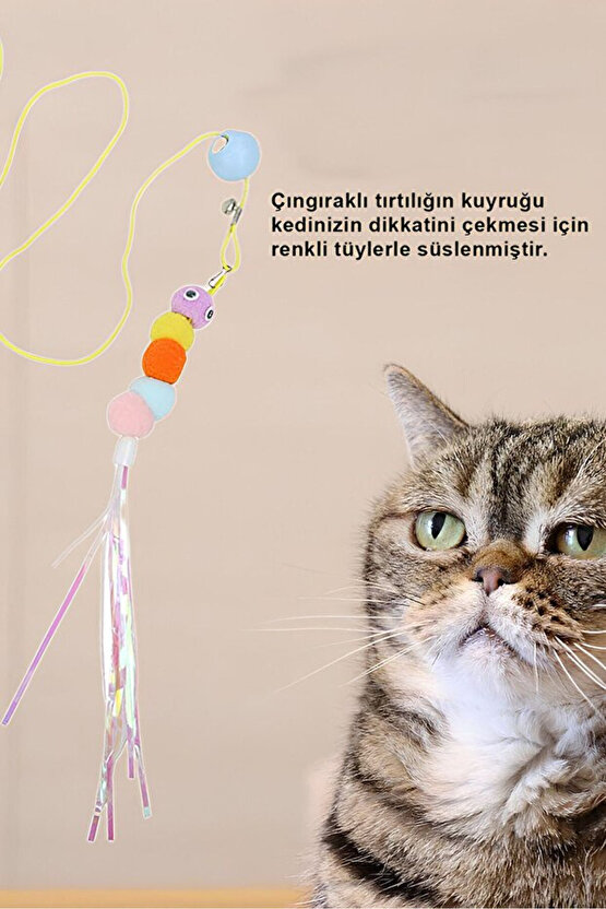 Çıngıraklı Kedi Oyuncağı Yapışkanlı Kedi Oyun Oltası Renkli Ponponlu Hacıyatmaz Oyuncak Zıplayan Top