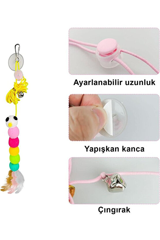 Çıngıraklı Kedi Oyuncağı Yapışkanlı Kedi Oyun Oltası Renkli Ponponlu Hacıyatmaz Oyuncak Zıplayan Top