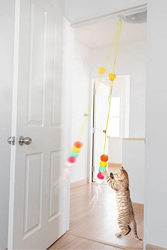 Çıngıraklı Kedi Oyuncağı Yapışkanlı Kedi Oyun Oltası Renkli Ponponlu Hacıyatmaz Oyuncak Zıplayan Top