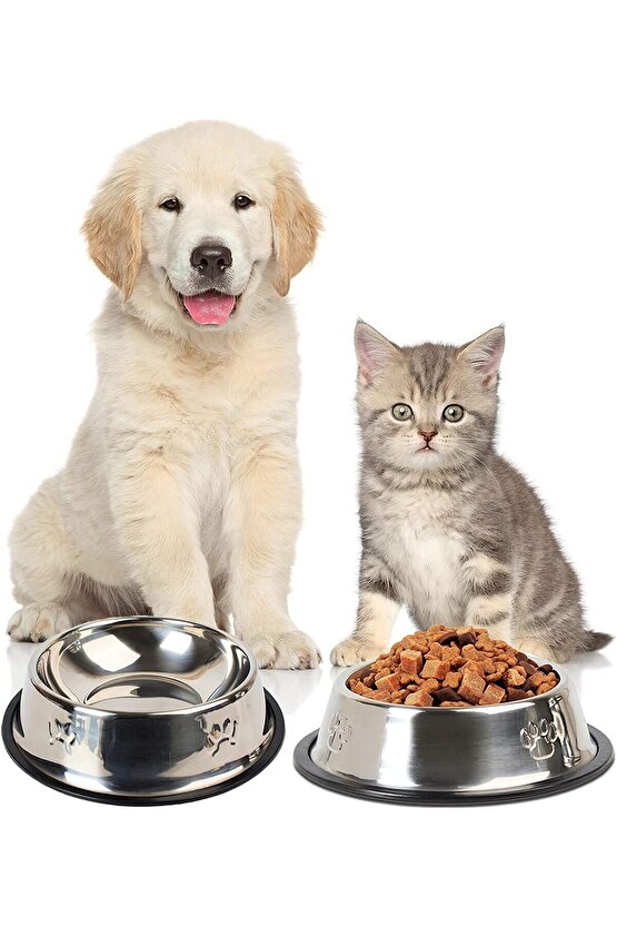 Paslanmaz Çelik Kedi Köpek Mama Ve Su Kabı, Kaydırmaz Alt Taban 22 Cm