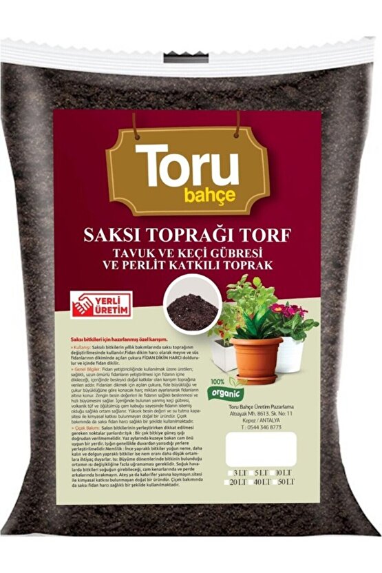 Toru Bahçe Saksı Ve Bahçe Toprağı Torf Tavuk Keçi Gübreli Ve Perlit Katkılı Toprak 50 Lt