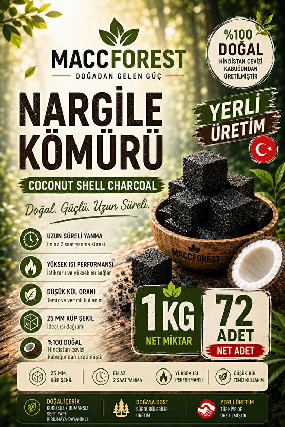 1 Kg Nargile Kömürü 72 Adet Hindistan Cevizi Kabuğu Kömürü 25 mm Küp Doğal Coconut Shell Charcoal Uzun Süre Yanan Düşük 