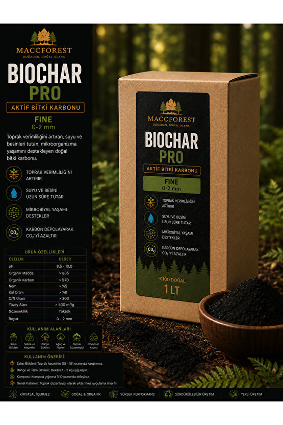Biochar PRO Fine 1 LT | Aktif Bitki Karbonu | Doğal Toprak Düzenleyici | 0-2 mm