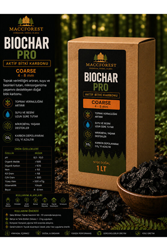 Biochar PRO Coarse 1 LT | Aktif Bitki Karbonu | Doğal Toprak Düzenleyici | 4-8 mm