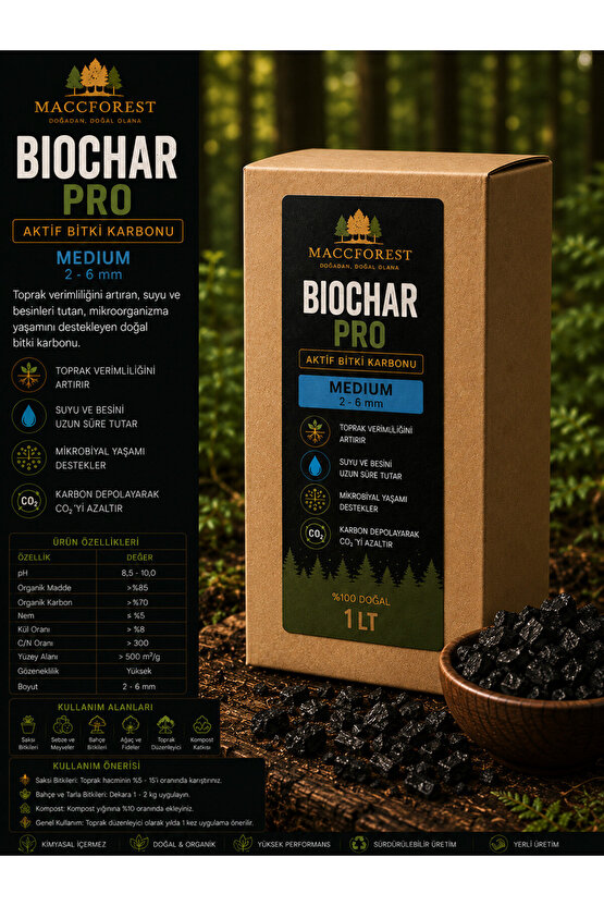 Biochar PRO Medium 1 LT | Aktif Bitki Karbonu | Doğal Toprak Düzenleyici | 2-6 mm