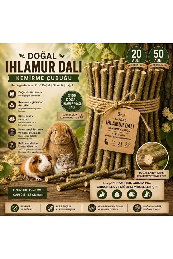 Tavşan & Hamster Doğal Kemirme Ihlamur Dalları 20li Paket