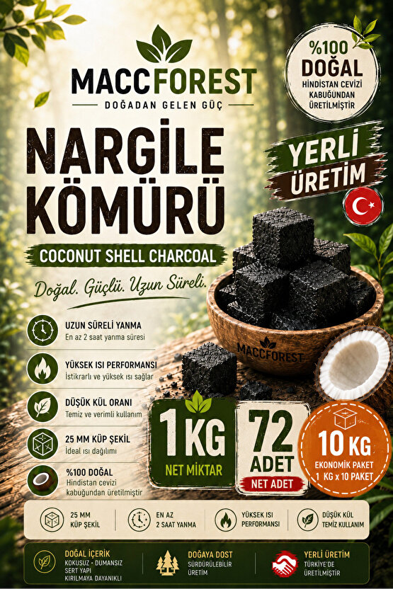 10 Kg Nargile Kömürü 72 Adet Hindistan Cevizi Kabuğu Kömürü 25 mm Küp Doğal Coconut Shell Charcoal Uzun Süre Yanan Düşük
