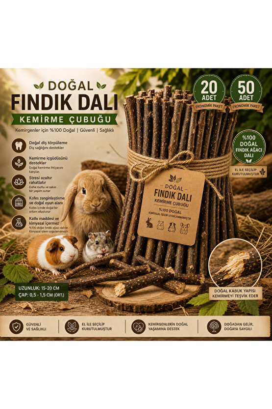 Tavşan & Hamster Doğal Kemirme Fındık Dalları 20li Paket