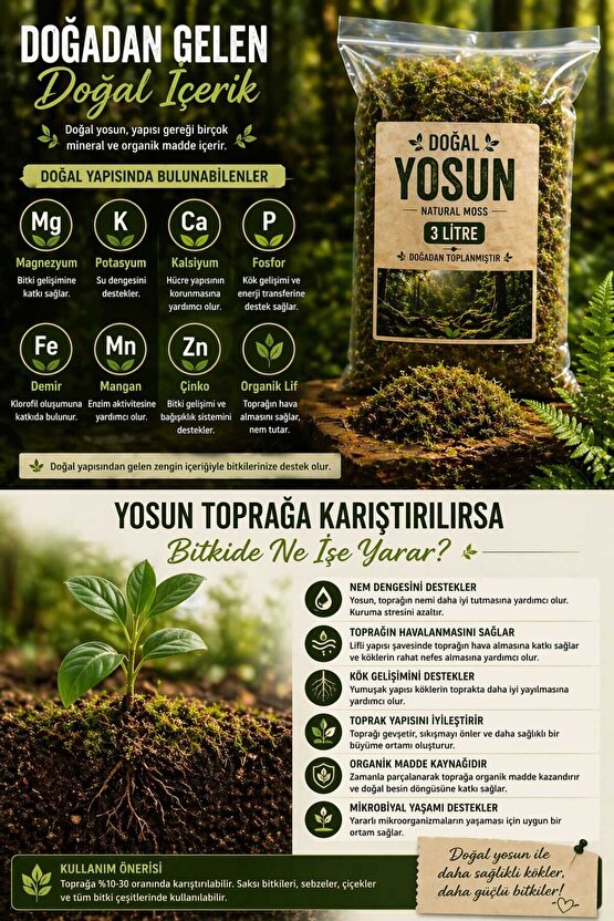 Doğal Yosun Torfu, Lif Parça Kurutulmuş Spagnum Floor Moss Yosun, Teraryum, Orkide, Toprak Katkısı,Dekor