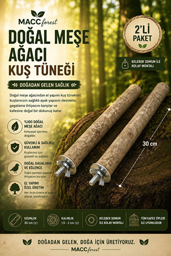 Mutlu Kuşlar Serisi  Doğal Ağaç Kuş Tüneği  2 Adet - 3545cm