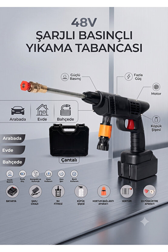 Şarjlı Basınçlı Oto Yıkama ve Bahçe Sulama Tabancası 48V