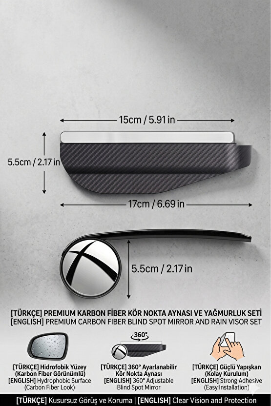 Oto Yan Ayna Yağmur Koruyucu Kör Nokta Ayna Karbon Görünümlü 2 Adet