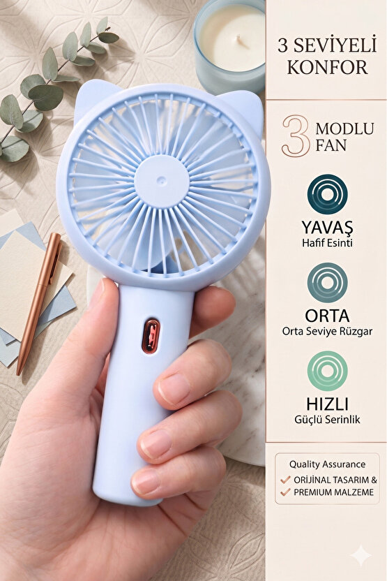 Şarjlı El Fanı 3 Kademe Seyahat Vantilatör Taşınabilir Mini Fan