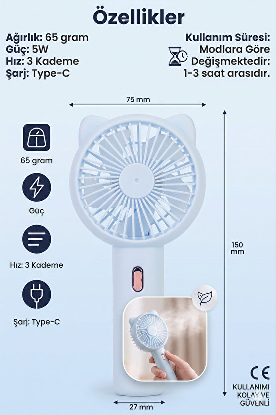 Şarjlı El Fanı 3 Kademe Seyahat Vantilatör Taşınabilir Mini Fan