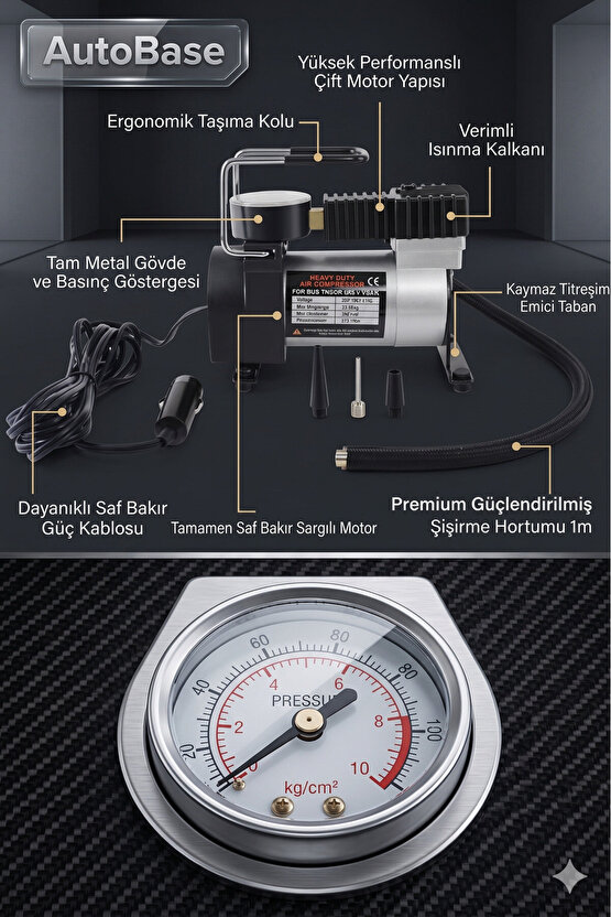 Profesyonel Metal Oto Araç Hava Kompresörü 12V Lastik Pompası 150PSI