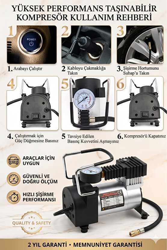 Profesyonel Metal Oto Araç Hava Kompresörü 12V Lastik Pompası 150PSI