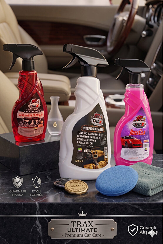 Oto Yaz Bakım Seti - Jant Temizleyici ve Demir Tozu Temizleyici 500ml - Hızlı Cila 500 ml - Oto Torpido Bakım Sütü 500ml