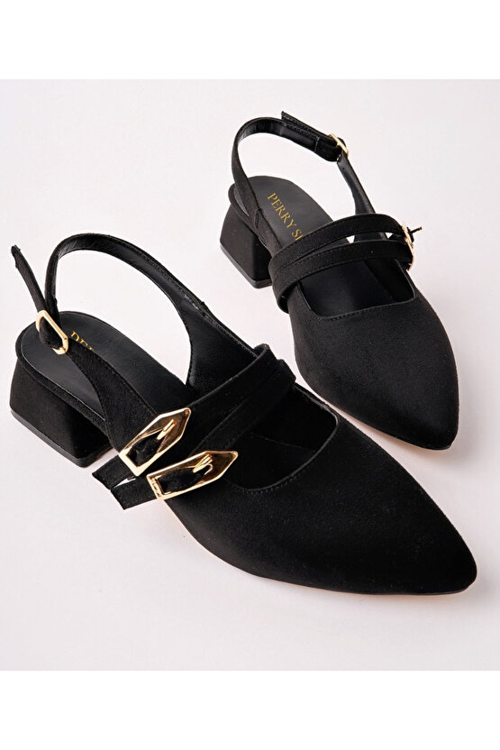 VERNIS Kadın Siyah Süet Çift Bant Tokalı Sivri Burun Slingback Kalın Topuklu Ayakkabı